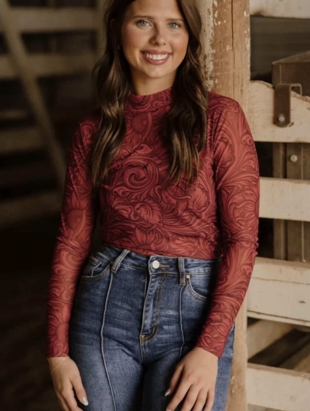 Sterling Kreek Tooled In Red Mesh Top